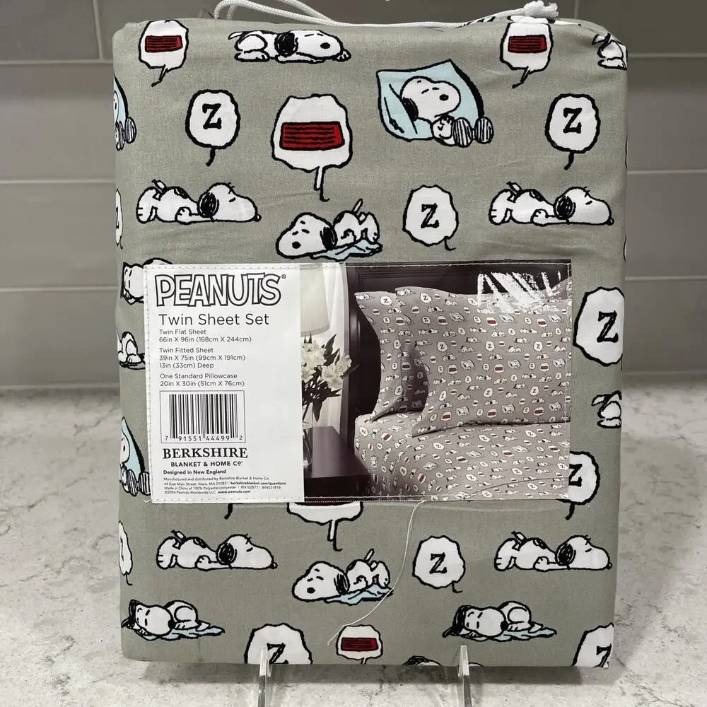 SLEEPY Snoopy TWIN Sheet Set Berkshire Sheets Snoopy Dreaming Gray / Green NEW